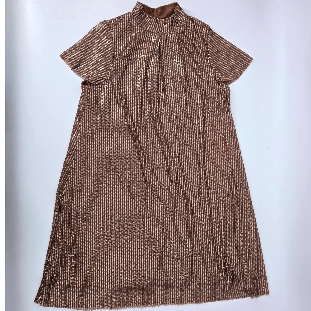 Mia Joy Rose Gold Sequin High Neck Flutter Sleeve Shift Party Dress‎ Size 12